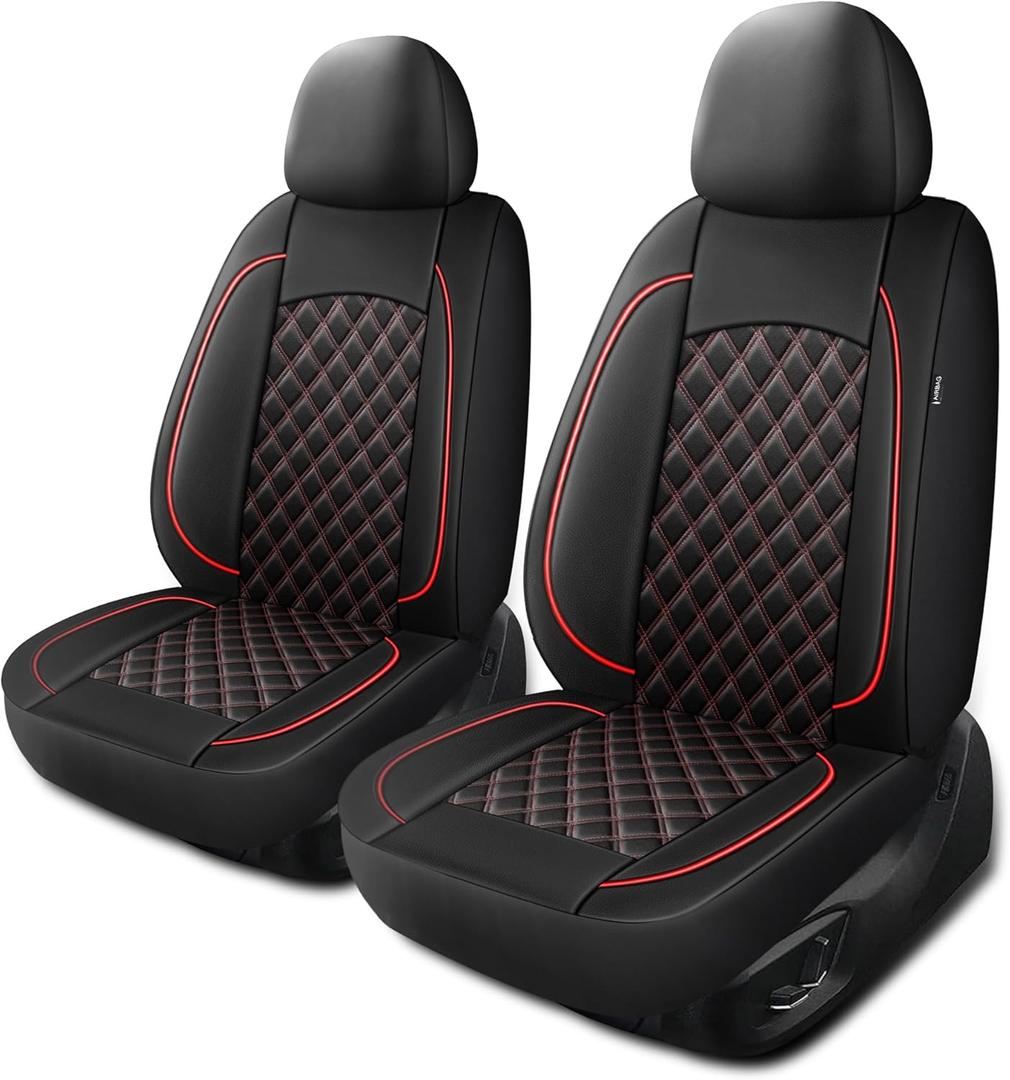 Leather Car Seat Covers,Breathable and Waterproof Napa Leather Automotive Seat Cover,Universal Interior for Cars,Sedans,SUVs,Vans,Trucks(Front Seat,Black+Red,N3)