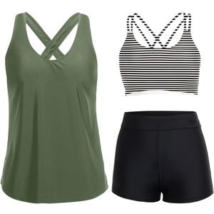 Holipick 3 Piece Tankini Swimsuits for Women Tummy Control Bathing Suits Swim Tank Top with Bra Boy Shorts Teen Swimwear (Large, Green Black Striped)