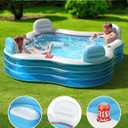 QPAU Inflatable Swimming Pool, Full-Sized Blow Up Pool with Seats and Backrests, Kiddie Pool for Outdoor & Backyard, for Family Summer Time Fun, Clear Blue