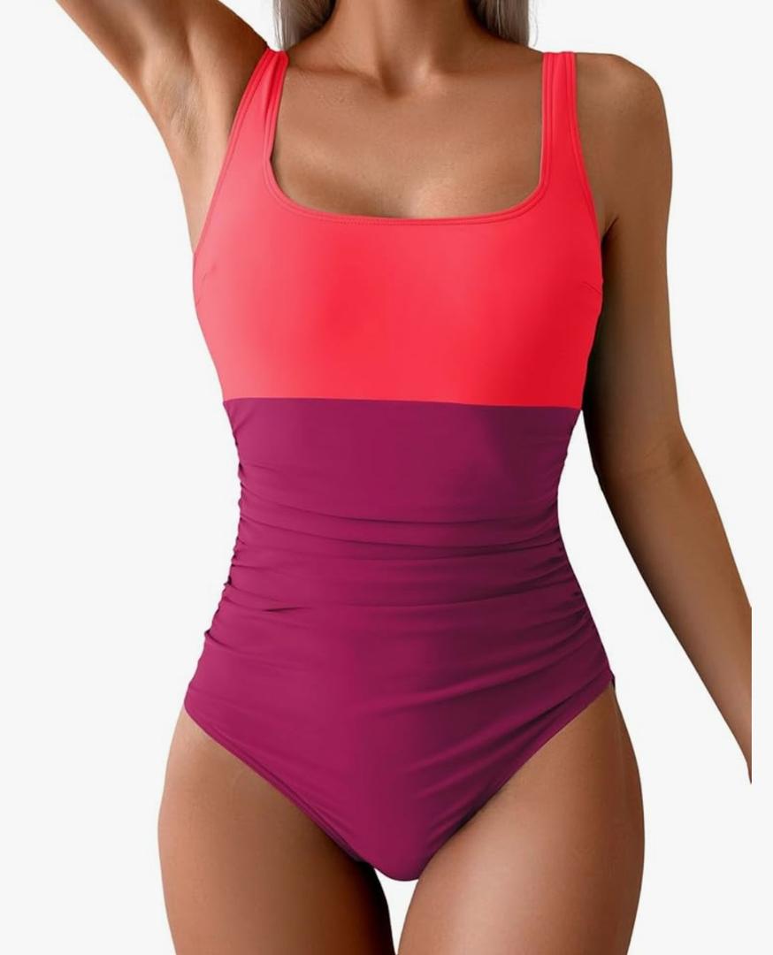B2prity Womens One Piece Swimsuit Tummy Control Slimming Bathing Suit High Waisted Ruched Swim Suit Color Block Swimwear L