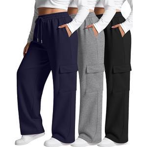 Neer 3 Pack Women's Plus Size Cargo Sweatpants Wide Leg Drawstring Bottom Pants Baggy Loose Casual Athletic Trousers(Black, Heather Gray, Navy Blue,X-Large)