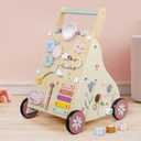 Pithfor Wooden Baby Walker, Baby Push Walker, Push Walker Toys for Babies Learning to Walk & Sit-to-Stand, with Montessori Sensory Toy & Activity Center for Girls Boys