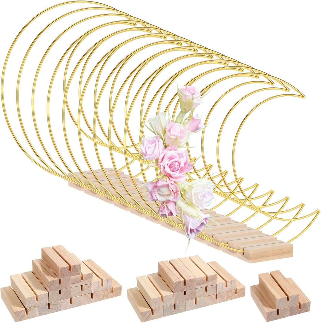 12 Pack Moon Centerpieces for Tables, Moon Dream Catcher Macrame Metal Floral Hoop Centerpiece with Stand, Gold Metal Wreath Rings for DIY Wedding Decor, Wall Hanging