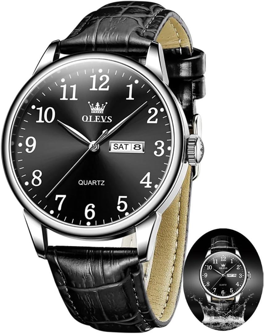 OLEVS Mens Watches with Leather Band Dress Vintage Classic Easy Reader Arabic Numerals Analog Quartz Waterproof Date and Day Blue/Black/White Large Face Men's Wrist Watches (5535P-All Black)