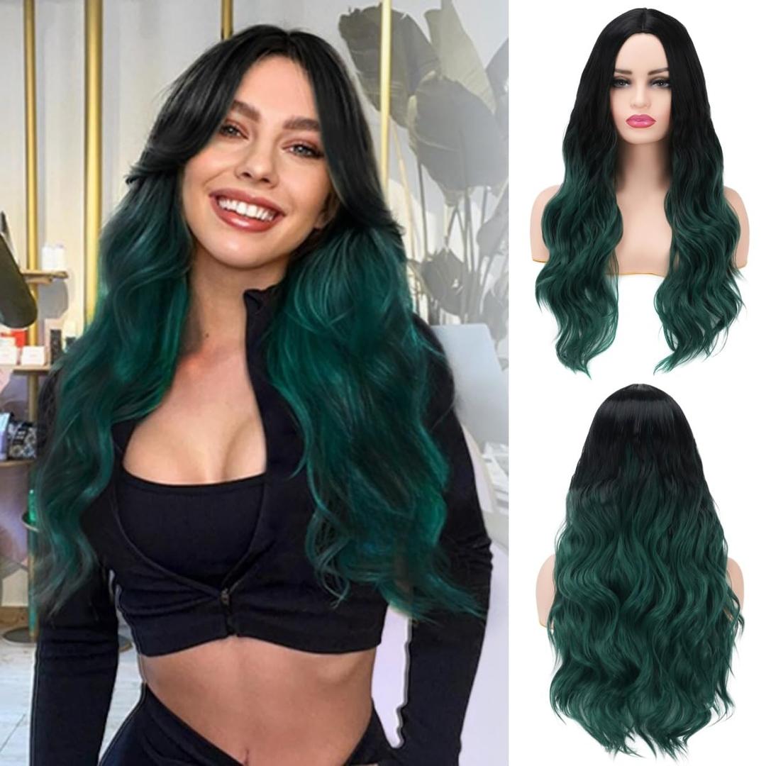 Black and Green Wig for Women Long Curly Wavy Ombres Dark GreenWig Middle Part Natural Looking Wig for Daily Party Use,  A-Black Green