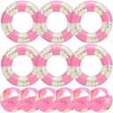 Glimin 12 Pack Pink Striped Inflatable Pool Floats Set Include 31 Inch Adults Swim Rings and 16 Inch Inflatable Beach Balls with Gold Confetti for Summer, Beach & Pool Party Decorations