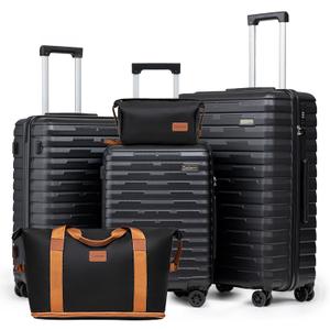 Luggage Sets Hardshell 5 Piece Durable Suitcases with Wheels | 20/24/28 Inch ABS Suitcase Set, Hardside Carry-on, Lightweight, Space-Saving, Checked Family Travel, Black