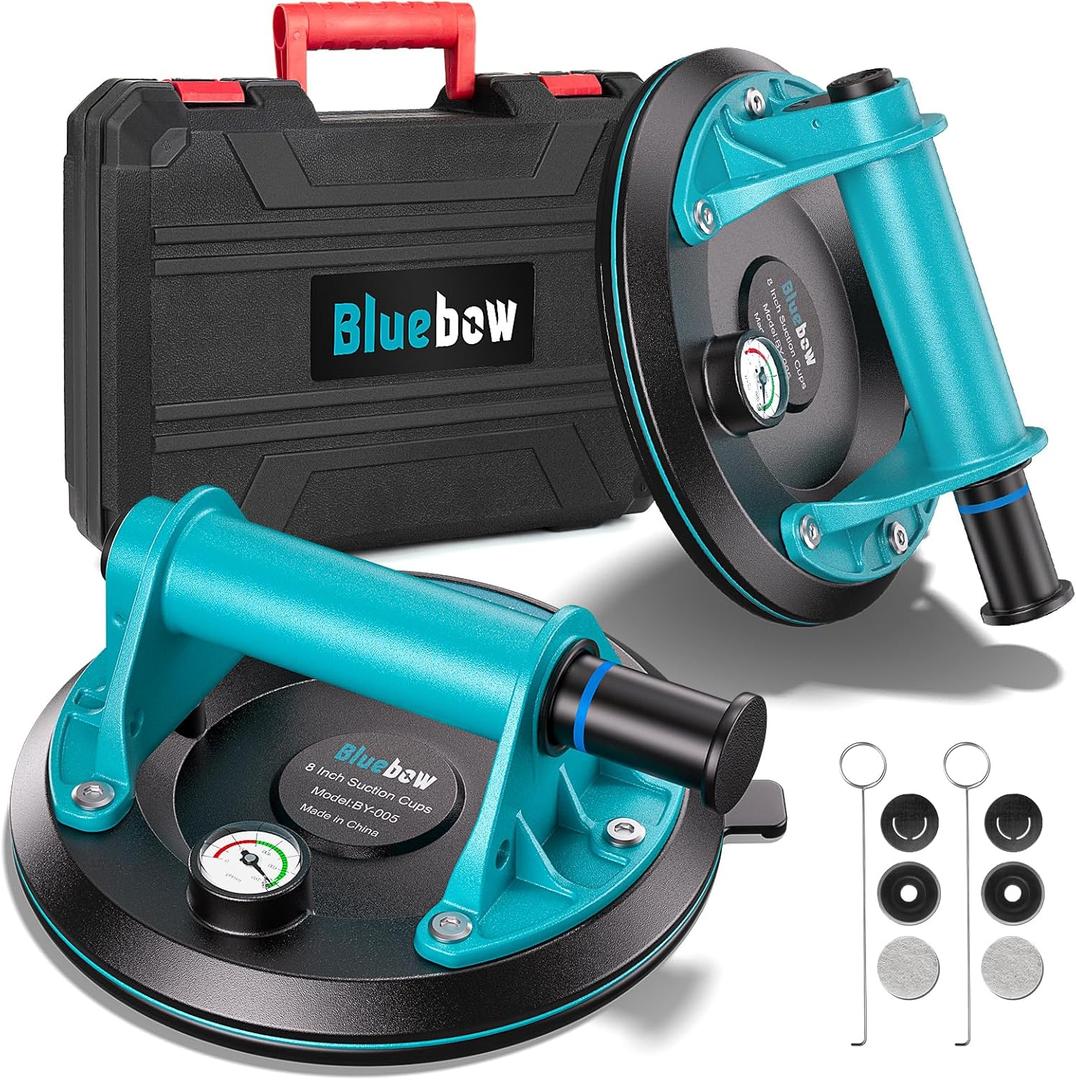 8 inch Suction Cups - 2 Pack 880lbs suction cups for glass, Powerful Industrial Tile Suction Cup Tool for Lifting Glass, Tile, Granite, Includes Carrying Case