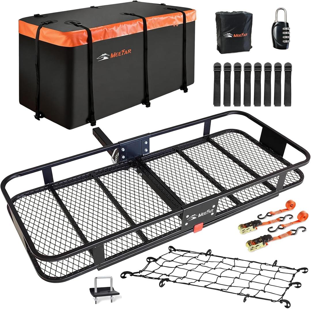Hitch Mount Cargo Carrier Basket 60"*25"*6"+Waterproof Bag 25 Cubic Feet(60"*24"*31"),and Cargo Net with Attachment Hooks,Ratchet Straps,Hitch Stabilizer.500 Lbs Capacity,Foldable,fit 2" Receiver