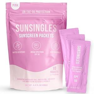 SunSingles Travel Size Sunscreen 10 Pack, Water/ Sweat Resistant, SPF 50, PABA Free Mini Sunscreen, Reef Safe Sunscreen, Single Use Packets 0.34 Fl OZ (Pink)