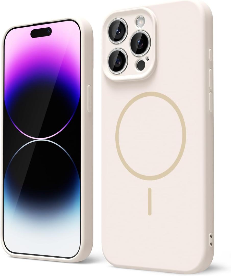 oakxco for iPhone 14 Pro Max Case Silicone Mag Safe, Magnetic Slim Thin Phone Case Compatible with Magsafe, Women Girls Cute Girly Aesthetic Soft Rubber Gel Safecase with Camera Cover, Beige