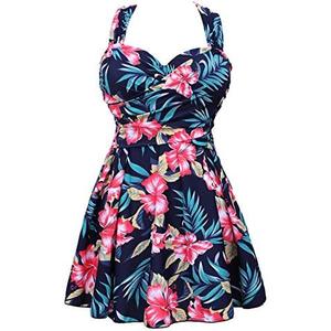 COCOPEAR Women's Elegant Crossover One Piece Swimdress Floral Skirted Swimsuit, XL
