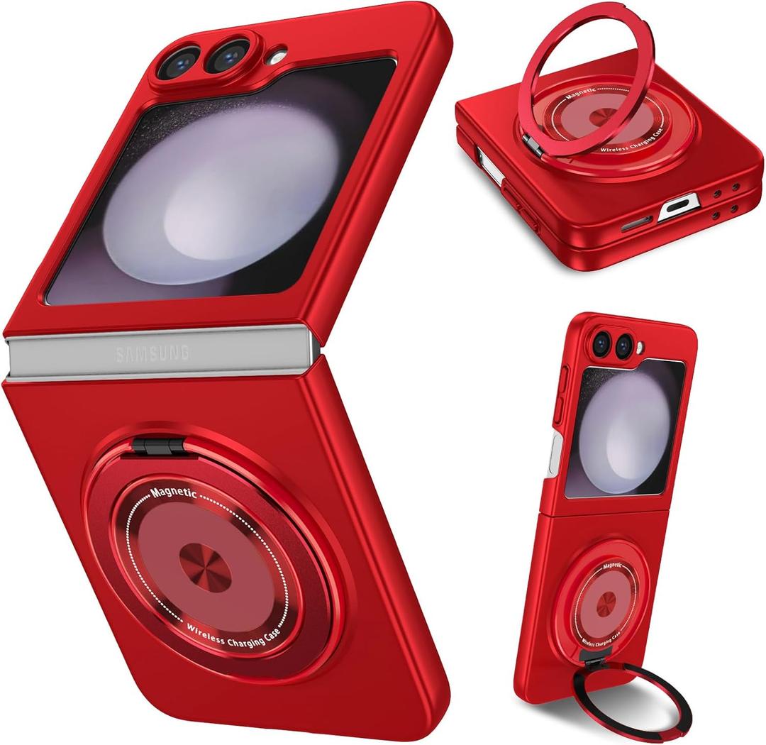 Magnetic Case for Samsung Galaxy Z Flip 6, [Compatible with MagSafe] Military Grade Shockproof Slim fit Samsung Z Flip 6 Phone Case with Magnetic Ring Kickstand, Red
