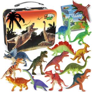 Zippytots Dinosaur Toys for Kids 3-5-7-14 Realistic Plastic Dinosaur Figures with Metal Storage Box & Learning Booklet - Educational Dino Figure Toys for Boys Girls Toddlers