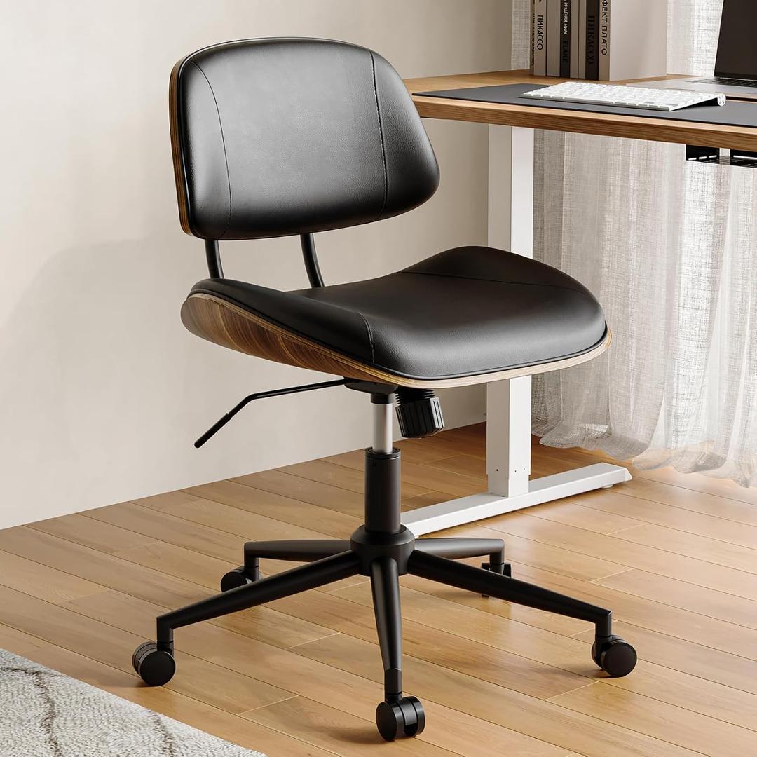 Armless Office Chair with Wheels, PU Leather Adjustable Height Desk Chair - 360 Swivel Ergonomic Computer Chair for Small Space, Modern Walnut Style, Home & Meeting Room, Black, 1-pack