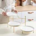 Kanwone 3 Tiered Serving Stand with White Porcelain Plates, 10" Round Tray, Dessert Table Display Set, Gold Metal Stand, Versatile & Durable