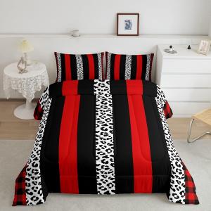 Manfei Leopard Comforter Set King Size, Black White Red Plaid Stripe Quilt Set with 2 Pillowcases, Wild Animal Skin Bedding Set 3pcs for Kids Boy Girls Room Decor Lightweight Duvet Insert (Multi 10)