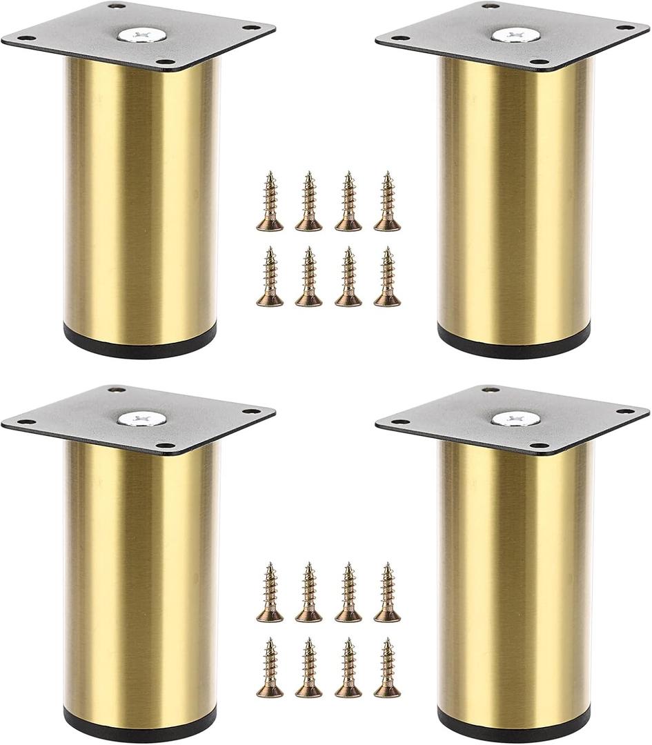 OwnMy 4PCS 4 Inch Stainless Steel Furniture Legs Feets Metal Cabinet Desk Sofa Legs, Golden Round Metal Furniture Risers Heavy Duty Coffee Table Replacement Leg TV Stand & Chair Legs