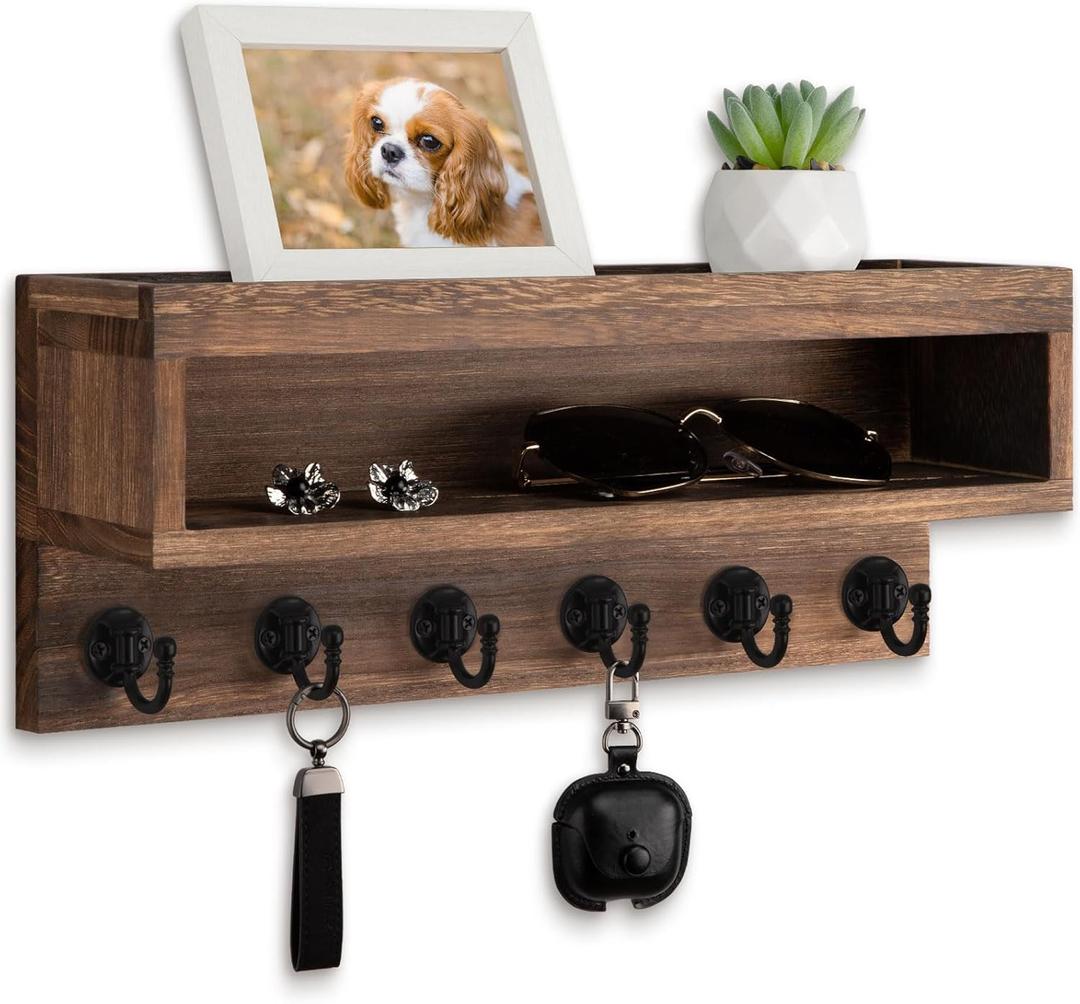 Key and Mail Holder Wall Mount, Key Hanger with Long Storage Box and 6 Hooks for Coat, Dog Leash, Home Decor Rack, House Accessories, Entry Way Organizer (Brown)