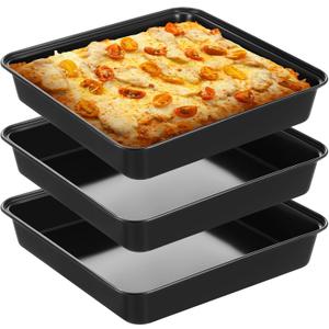 RimCereal 3 Pcs Detroit Style Pizza Pan 10 x 10 x 1.8 Inch Non Stick Rectangle Deep Pizza Pans Pre Seasoned Carbon Steel Sicilian Style Pan Dish Bakeware Kitchenware (Black)