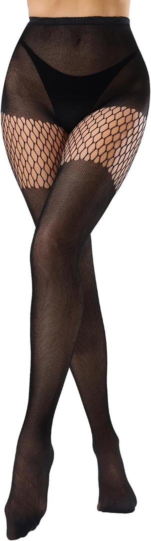 Faux Thigh High Tights for Women - Fishnet Gothic Pantyhose, High Waist Over-The-Knee Goth Leggings (Black, M)