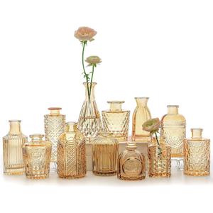 12pcs Glass Bud Vase Set, Small Gold Amber Flower Vases for Centerpieces in Bulk, Mini Vintage Vase for Wedding, Home,Table Decoration