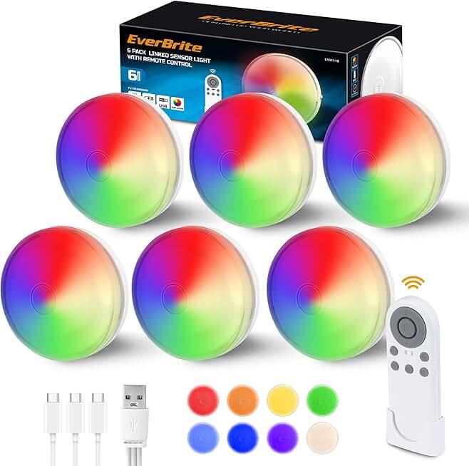 EverBrite Puck Lights with Remote, Rechargeable Linked Sensor Under Cabinet Lights, 10 RGB Colors, Group Control Dimmable Kitchen & Bedroom (6-Pack)