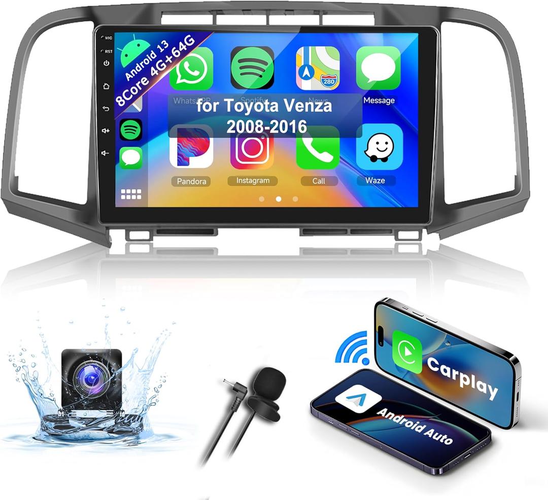 8Core 4+64G Car Stereo for Toyota Venza 2008-2016 Wireless Carplay Android Auto,9 1280 * 720P IPS Touch Screen Radio,Android/GPS/WiFi/32EQ DSP Audio/Bluetooth/SWC/Backup Camera,for Venza Radio