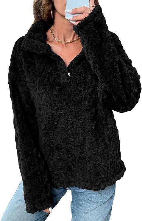 BLENCOT Womens Casual Button Down Collar Pullover Fleece Sweatshirt Long Sleeve Tops Warm Sherpa Coat Jacket Pockets, Size S