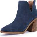 FISACE Womens Pointed Toe Stacked Mid Heel Ankle Boots V Cut Back Zipper Faux Leather Booties 7