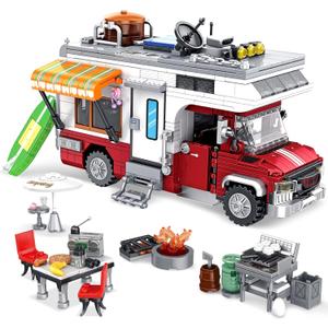 Camper Van Building Set, Compatible with Rvs Camper Vehicles, Summer Beach Holiday Camping Car Building Toy with Light, Gift for Adults and Boys Girls Kids Teens 8-12 (924 PCS)