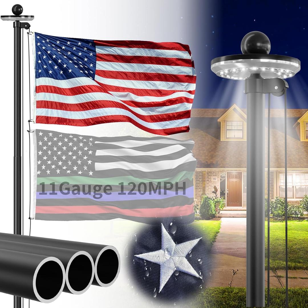 11 Gauge Heavy Duty Flag Pole with Solar Light, 25 FT 45K PSI & 95 HBW Hard Aerospace Aluminum Flagpole, Unbending 120MPH Wind Resistance, In-Ground Flagpole Kit for Outside House (Black)