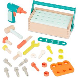 B. toys Fix n Play Kit Pretend Play Tool Box Wooden Toolbox & Accessories (25 Pieces) Carpenter Set for Kids Play Set with Drill, Hammer, Screwdriver & More 3+ Years