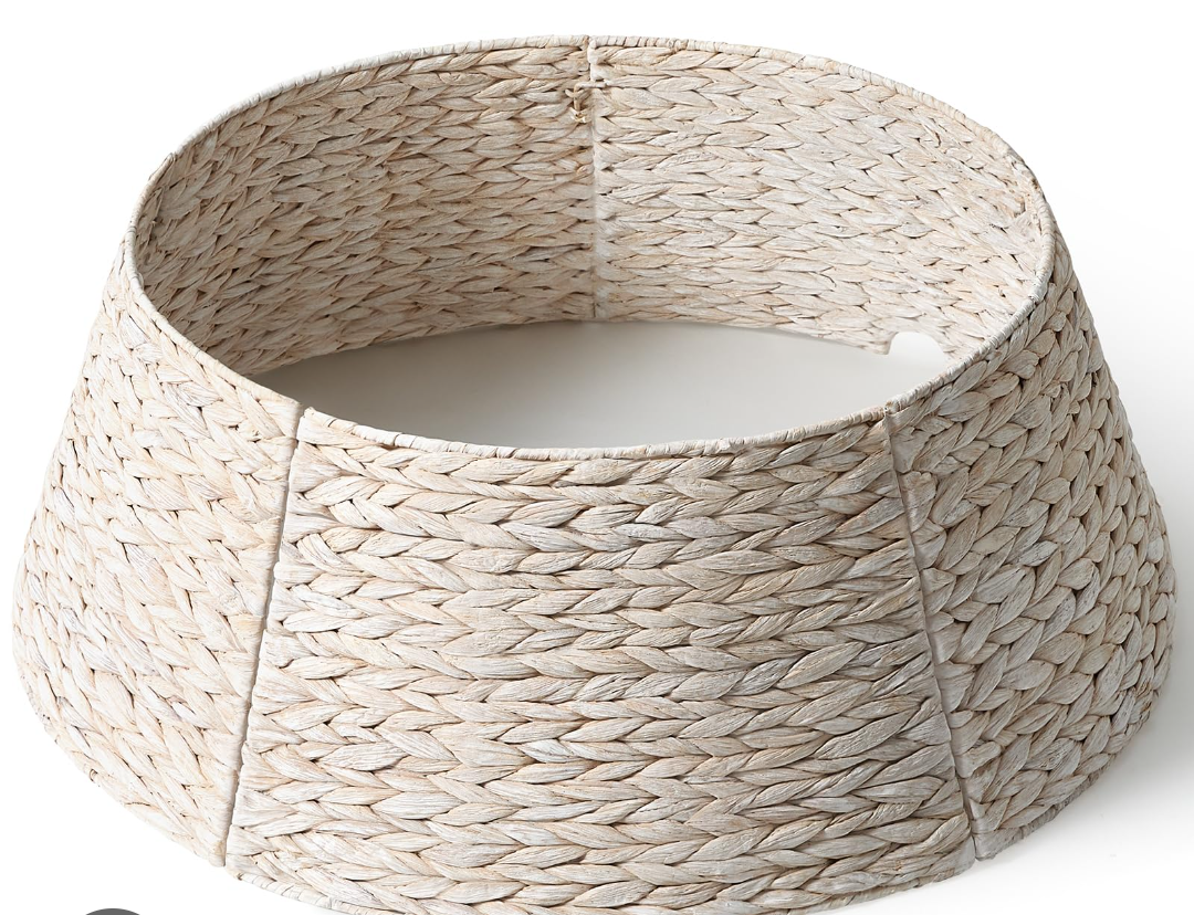 28in Christmas Tree Collar - Woven Hyacinth Tree Collars for Artificial Trees - Rattan Rustic Farmhouse Basket for Tree Base Cover with Cord Cut-Out for 6ft 7.5ft Tree (White)