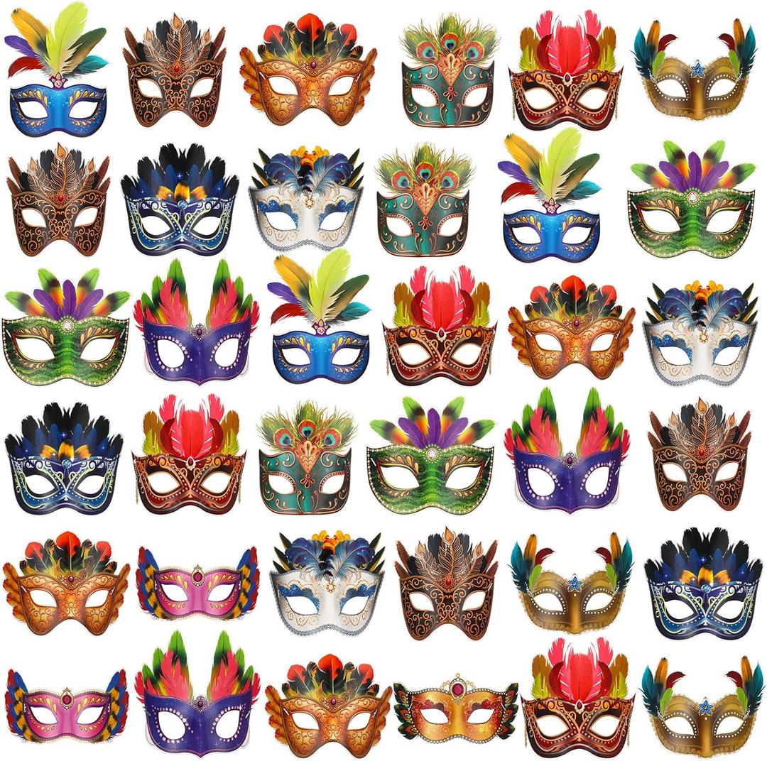 Jerify 48 Pcs Mardi Gras Masks Bulk Paper Carnival Masquerade Feathers Masks Carnival Parade Cosplay Facemask New Orleans Venetian Prom Costume Facemask for Women Adults Costume Party Favors Supplies