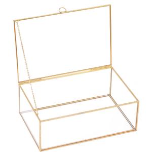Golden Vintage Clear Glass Lidded Box Edge Bracelet Keepsake Decorative Jewelry Display Home Decor (10.8x7x4 in)