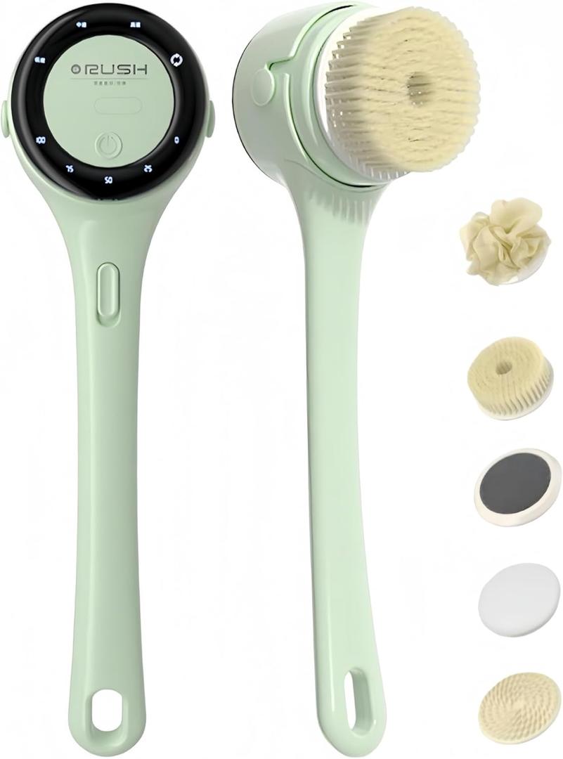 Electric Body Brush Back Scrubber for Shower, Rechargeable Long Handles Bath Brush with 5 Replaceable Heads, 3 Speed Adjustable and Lcd Display Shower Brush for Deep Cleansing, Exfoliating & Massage
