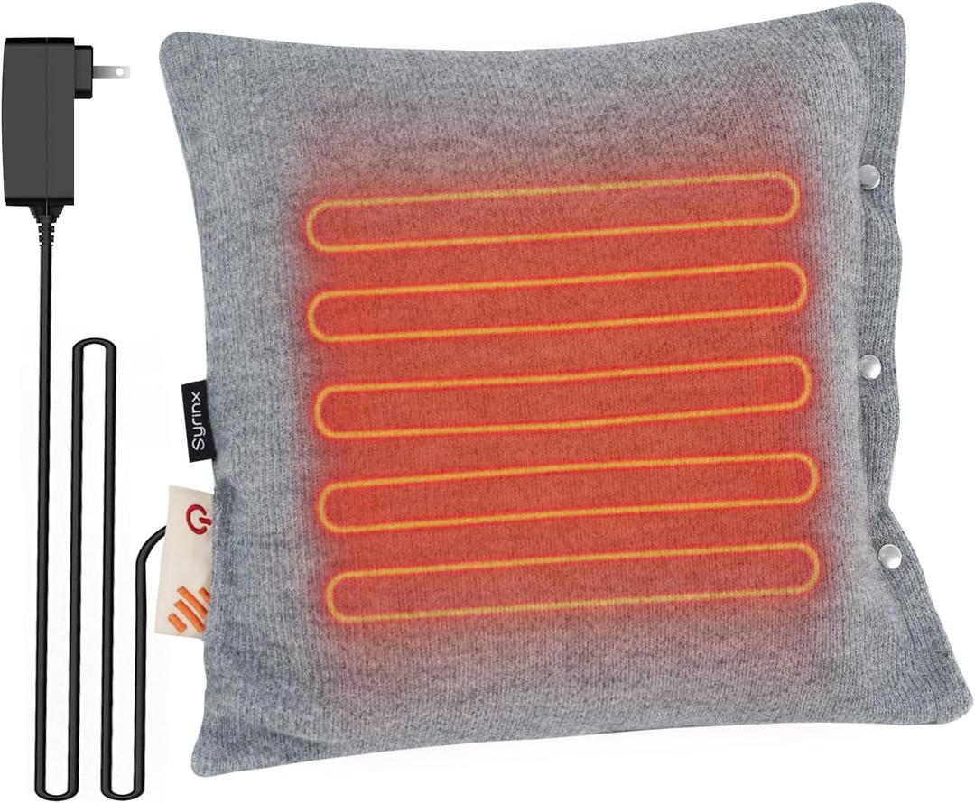 Syrinx Heated Pillow with 3 Temperature Setting-Soft Lumbar Support Cushion, Portable Electric Heating Pillow for Abdomen, Neck, Leg, Relief Fatigue, Easy to Clean,17.7"x17.7",Grey