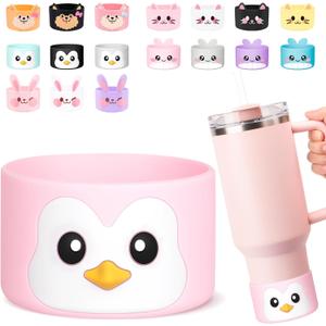 for Stanley Boot, Cute Cartoon Animal Silicone Boot for Stanley Cup 40 oz Quencher Adventure Tumbler, Water Bottle Boot for Stanley Iceflow 20 30 Oz, Stanley Cup Boots Accessories Protector Cove (Penguin - Pink)