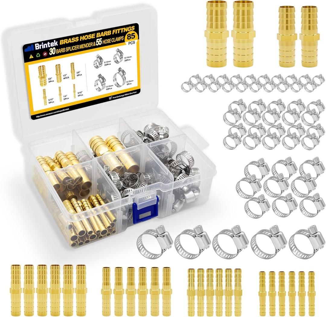 30PCS Brass Hose Barb Fittings Splicer Mender 3/16 1/4 5/16 3/8 1/2 5/8 with 55PCS Stainless Steel Hose Clamps for Fuel Gas Water Air