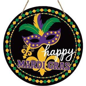 Happy Mardi Gras Door Decorations,Mardi Gras Door Hanger,Masquerade Decorations,Fleur De Lis Mask Beads Decor,New Orleans Brazi Carnival Wooden Wall Decor for Home Office Garden Party