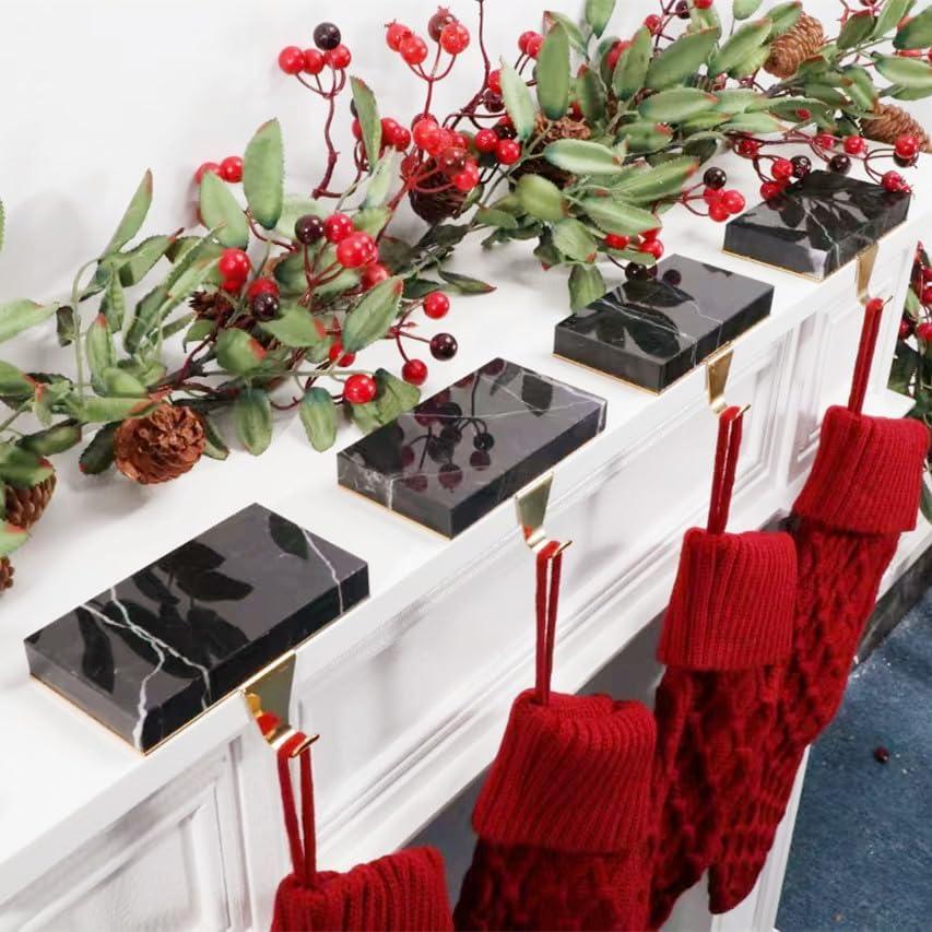 Fonder Mols Christmas Stocking Holders for Mantle, Heavy Deauty Xmas Fireplace Hanger Hooks Metal Grips Clips, Black Marble (4)