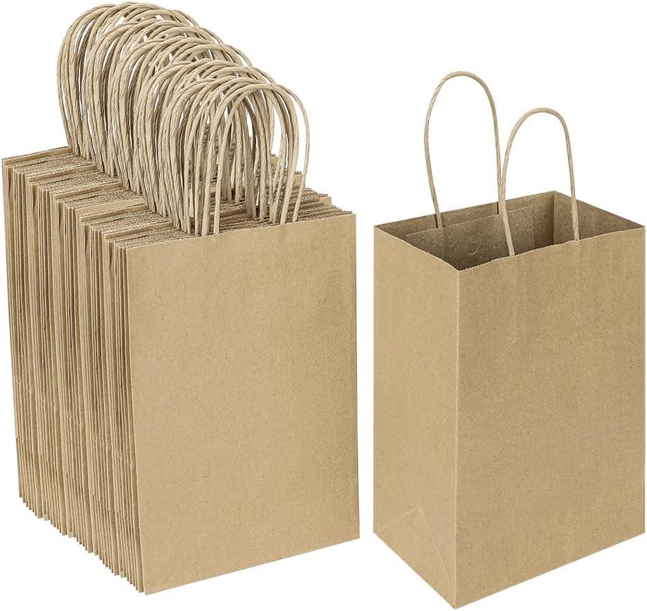 Oikss 100 Pack 5.25x3.25x8.25 Inch Small Plain Natural Kraft Paper Gift Bags with Handles Bulk for Birthday Party Favors Grocery Retail Shopping Business Goody Craft Bags Cub Sacks (Brown 100 Count) (Brown)