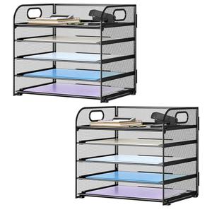 Kinkota Paper Organizer Letter Tray with Handle Mesh 5 Trays Desk File Organizer Paper Sorter Desk Organizer for Office, Home or School-Black 2 Pack