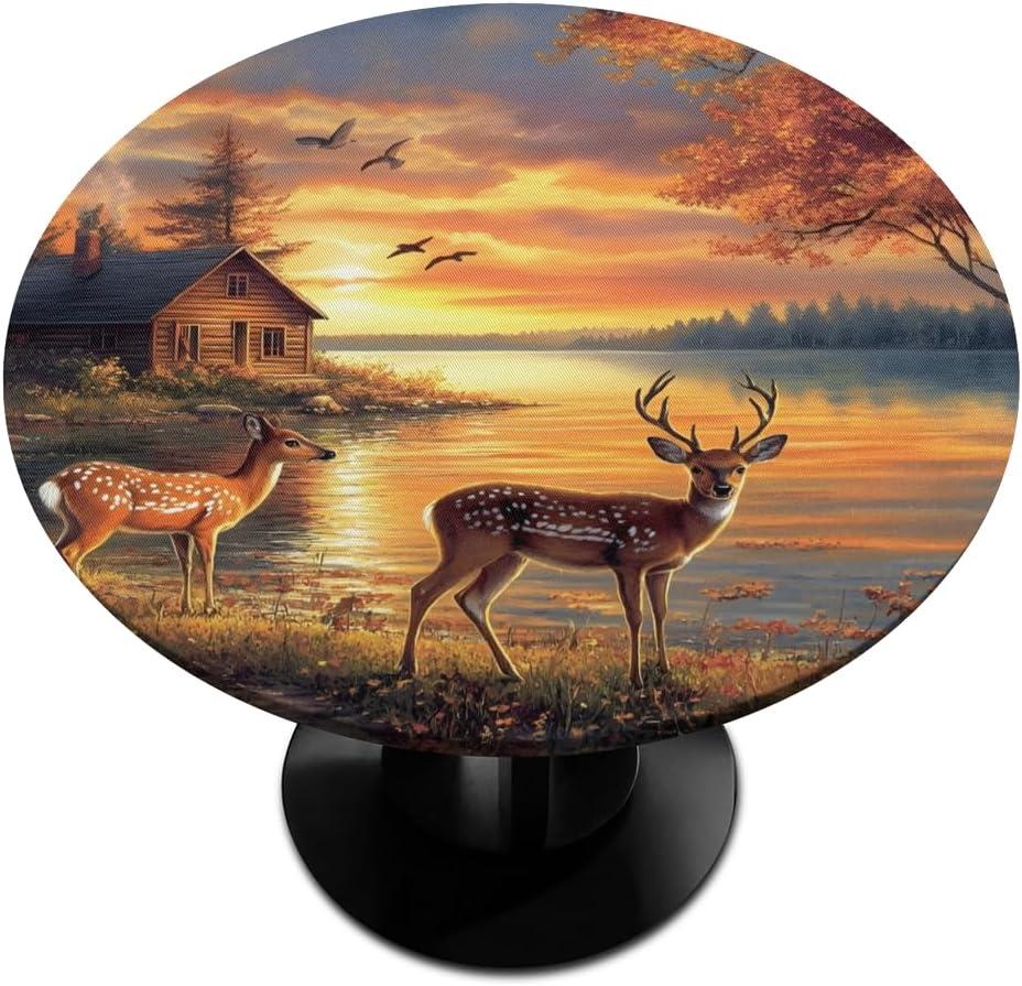 Cfpolar Round Tablecloth with Elastic Edge Animals Forest Deer Autumn Round Fitted Table Cover Waterproof Wipeable Circle Table Cloths for Dining Kitchen Pattry Patio Outdoor (Fit for 45"-50")