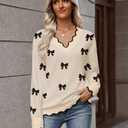 Zeagoo Cute Sweaters for Women Long Sleeve V Neck Bow Pullover Sweater Tops Business Dressy Casual Fall Outfits, Small 
