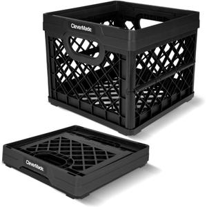 CleverMade Collapsible Milk Crate 25L (6.6 Gal), 50 lb Capacity Heavy Duty Folding Crate  Stackable Storage Crates with File Rails, Plastic Collapsible Crates - Obsidian (1 Pack)