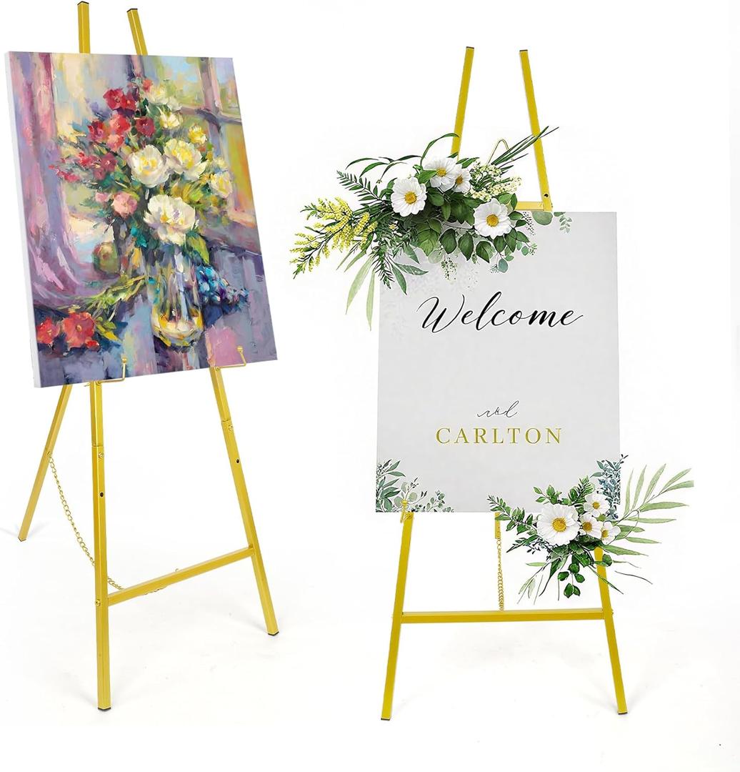 Gold Easel Stand for Sign, Adjustable Metal Display Easel 4-Tier Height Large Artist Display Easels for Painting Wedding, Baby Shower, Birthday Party and Commercial Display