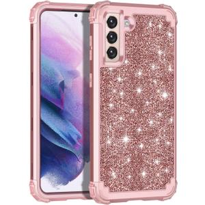 LONTECT for Galaxy S21 Plus Case Shockproof Three-Layer Heavy Duty Hybrid Sturdy High Impact Protective Cover Girls Women Glitter Case for Samsung Galaxy S21 Plus, Shiny Rose Gold