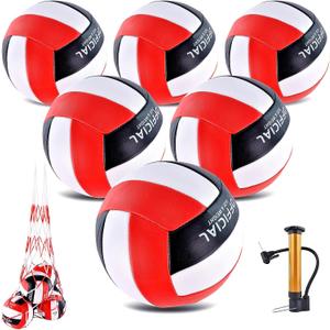 6 Pack Volleyballs Official Size 5, Waterproof Soft Bulk Recreational Volley Balls with Pump and Net Bag for Indoor Outdoor Beach Pool Water Sand Game Training Match for Beginner Teenager (Red Black)
